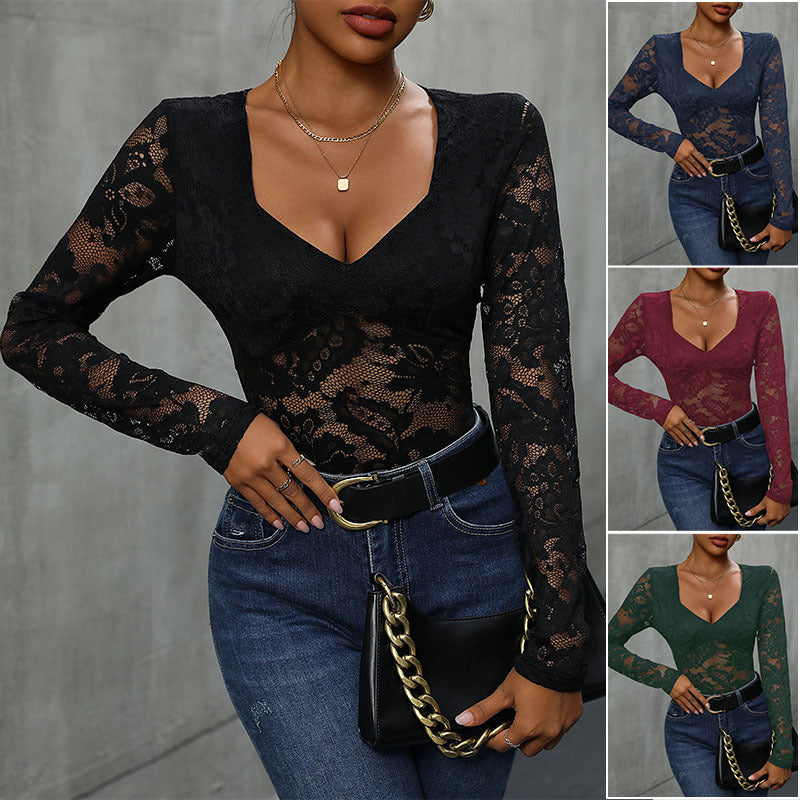 Women's figure-hugging lace bodysuit with deep neckline and transparent long sleeves