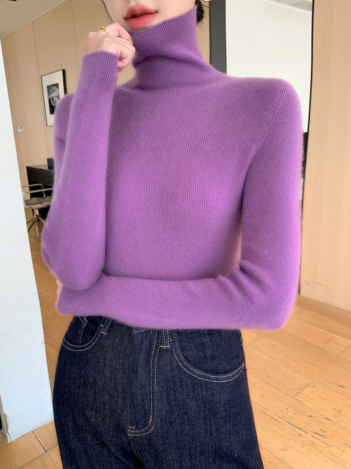 Women Slim Fine Knit Sweater with High Roll Neck and Fine Rib Structure Mune Fashion