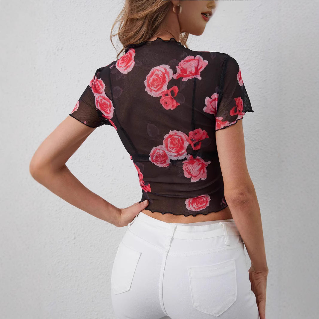 Ladies fitted mesh crop top with rose print, stand collar and wavy hem Mune Fashion