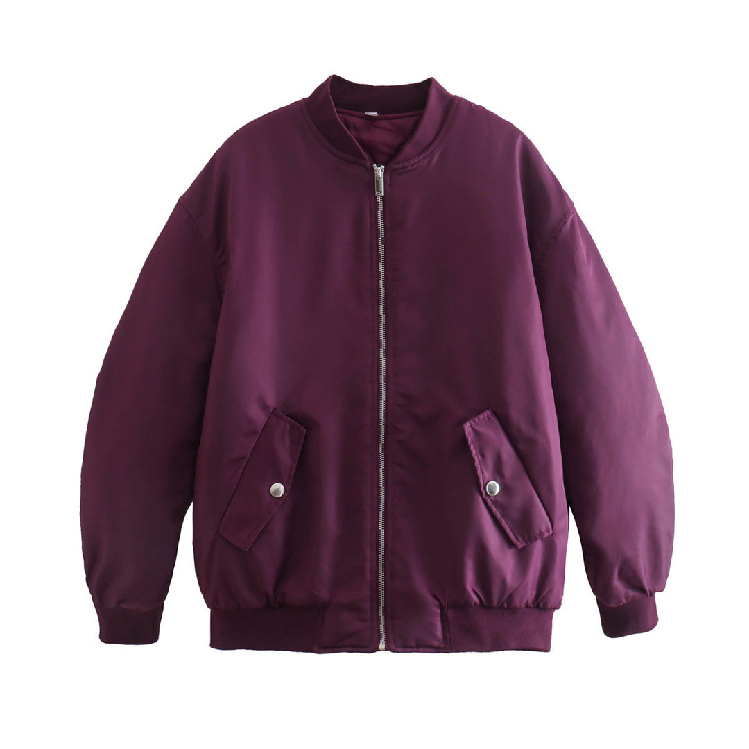 Ladies oversized bomber jacket with stand-up collar, zipper and snap button pockets Mune Fashion