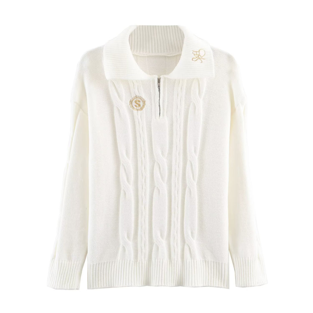 Women's Oversize Cable Knit Pullover with Half Zipper and Shawl Collar Mune Fashion