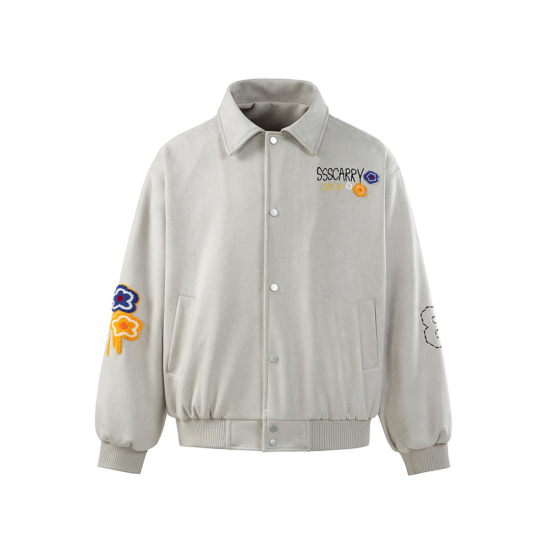 Unisex Boxy Blouson Jacket with Embroidered Floral Patches and Elastic Hem Mune Fashion