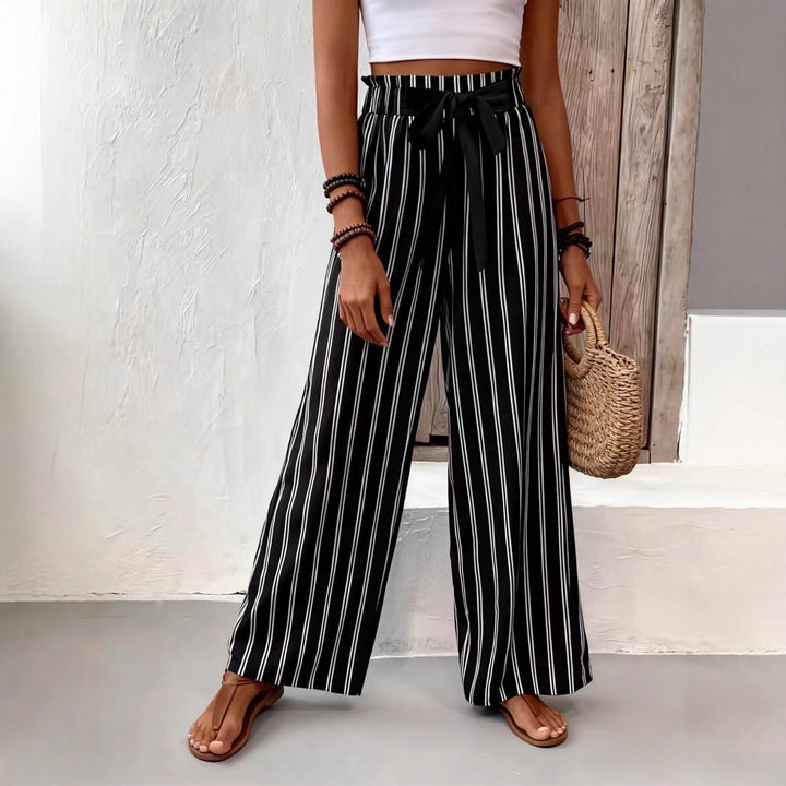 Women Striped High-Waist Paperbag Palazzo Pants with Wide Leg Drune