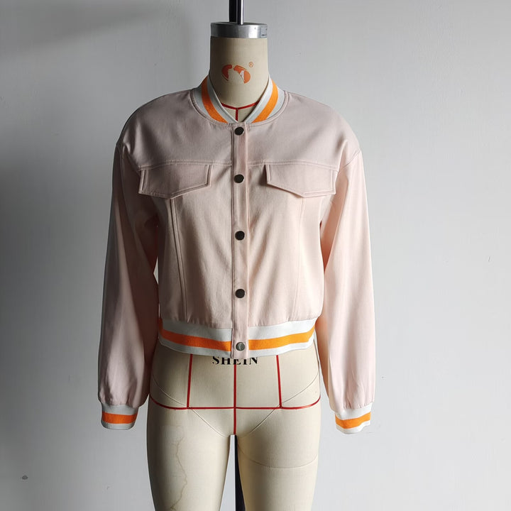 Women's cropped blouson jacket with snap button placket, striped ribbed cuffs and patch chest pockets Mune Fashion