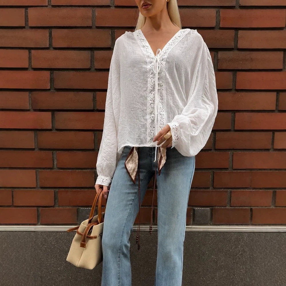 Women's Light V-Neck Lace Blouse with Tie, Pearl Detail & Volume Sleeves Mune Fashion