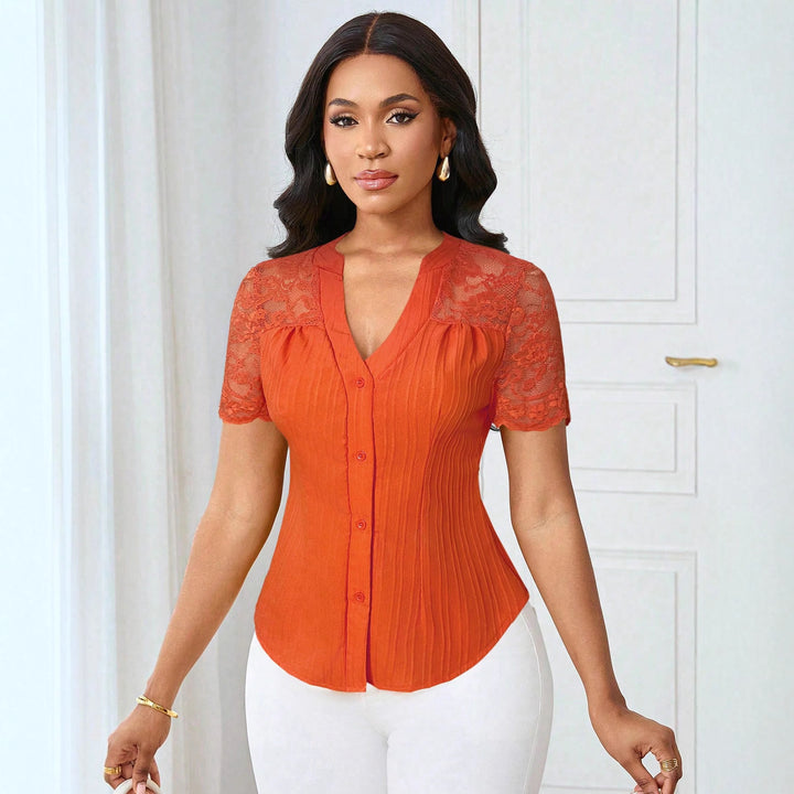Women's Fitted Short Sleeve Blouse with Lace Sleeves and Button Placket Mune Fashion