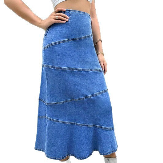 Women's waist-accentuating denim midi skirt with wave-shaped decorative seams and flared hem Mune Fashion