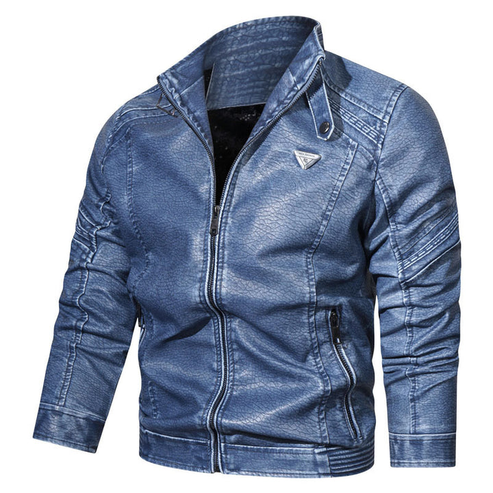 Men's Denim-Look Biker Jacket with Textured Surface and Stand-Up Collar Mune Fashion