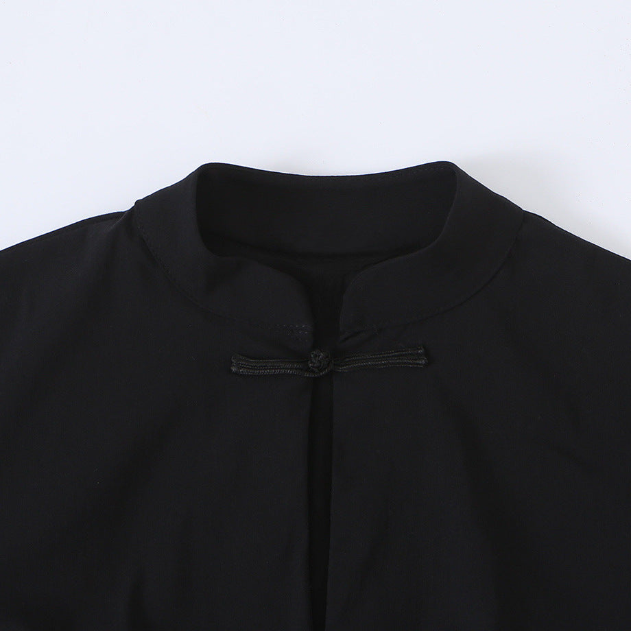 Women’s Mid-Length Coat with Stand Collar, traditional Knot closures and straight cut Mune Fashion