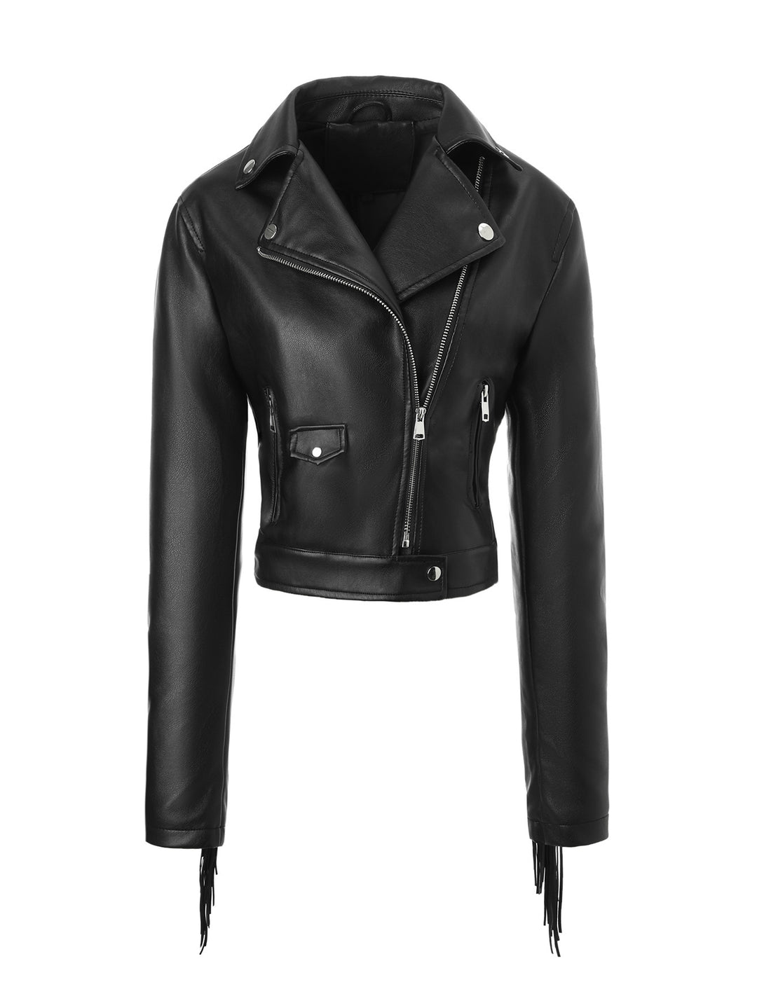 Women short cut fitted biker jacket made of artificial leather with fringes on the sleeves and asymmetric zipper Mune Fashion