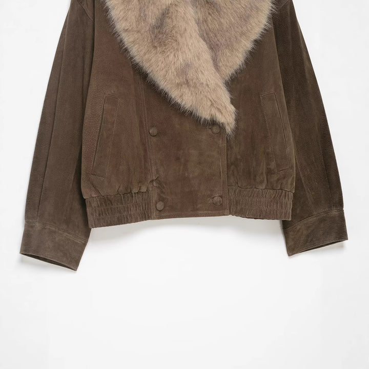 Women 400+ Cropped Suede Bomber Jacket with Large Faux Fur Shawl Collar Mune Fashion