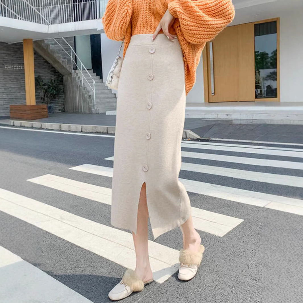 Ladies Elegant Maxi Skirt with Button Details and Slit Mune Fashion