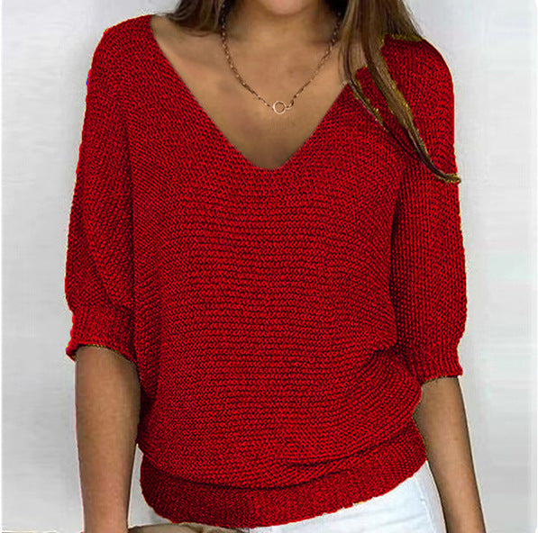 Women's casual knit sweater with V-neck and bat sleeves Mune Fashion