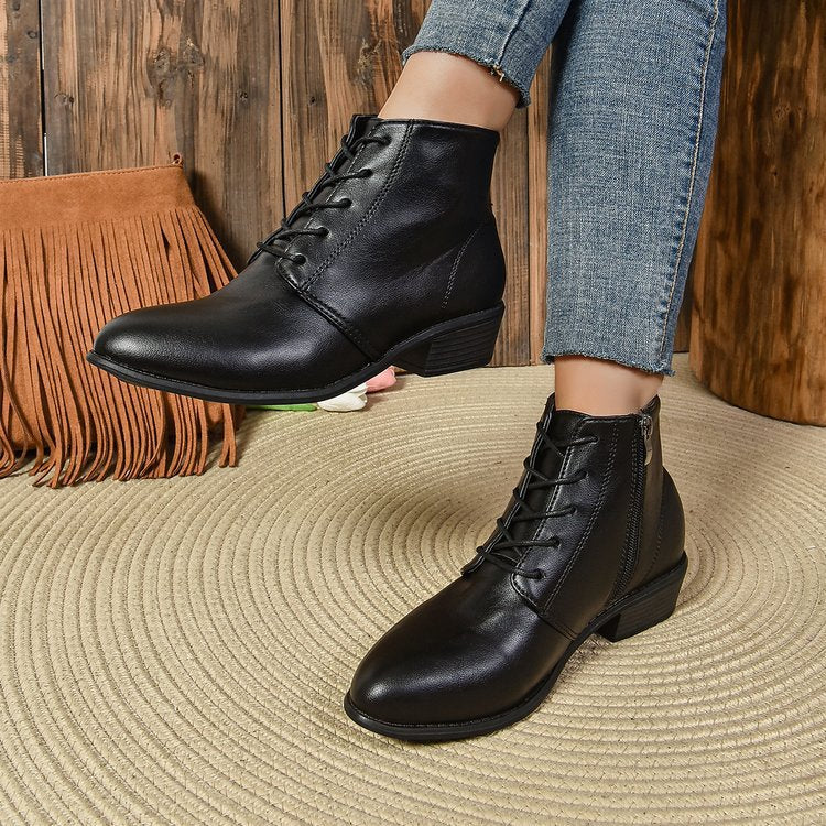 Women's ankle-high lace-up ankle boots with side zipper and low block heel Mune Fashion