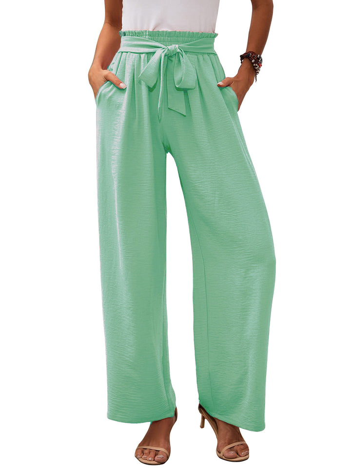 Women's paperbag pants with wide leg, elastic waist and tie belt Mune Fashion