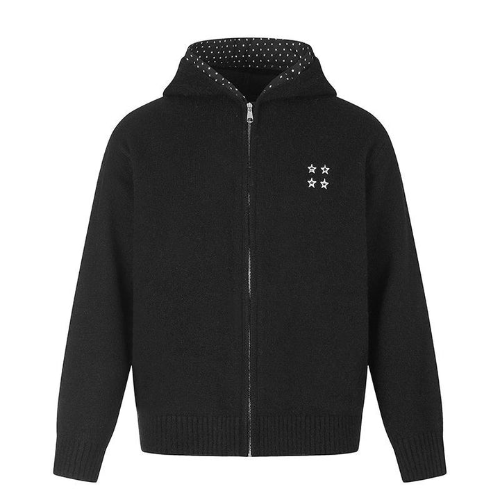 Women's Zip Hoodie Cardigan with Polka Dot Hood Lining and Star Embroidery Mune Fashion