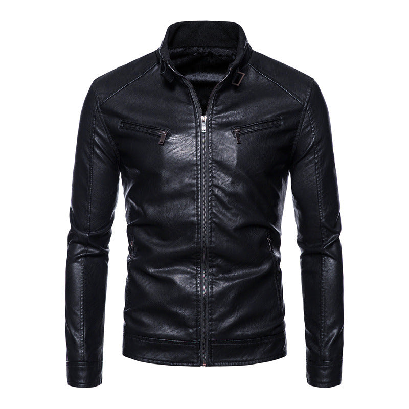 Men's Slim-Fit Faux Leather Biker Jacket with Stand Collar, Zipper Pockets, and Soft Inner Lining Mune Fashion