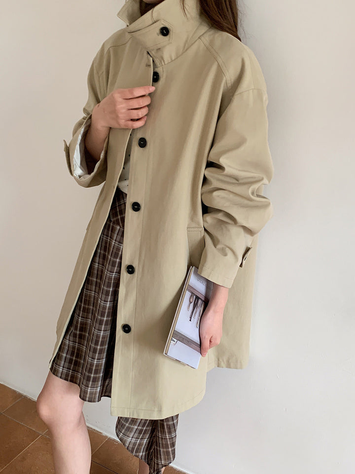 Women Boxy Short Coat with High Stand Collar Visible Button Closure and Side Pockets Mune Fashion