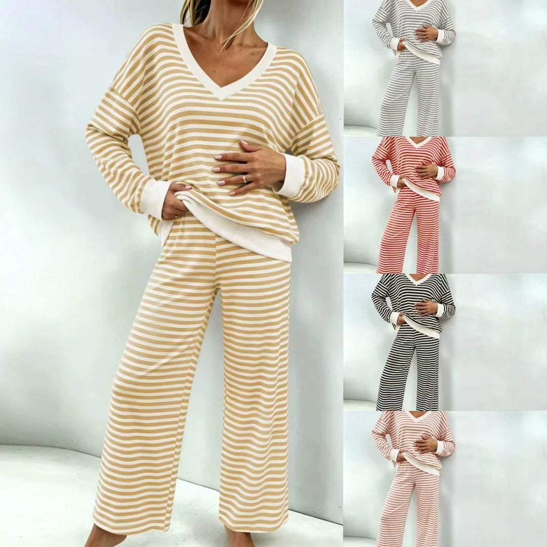 Women's Striped Lounge Set with V-Neck, Oversized Sweater and Palazzo Pants Mune Fashion