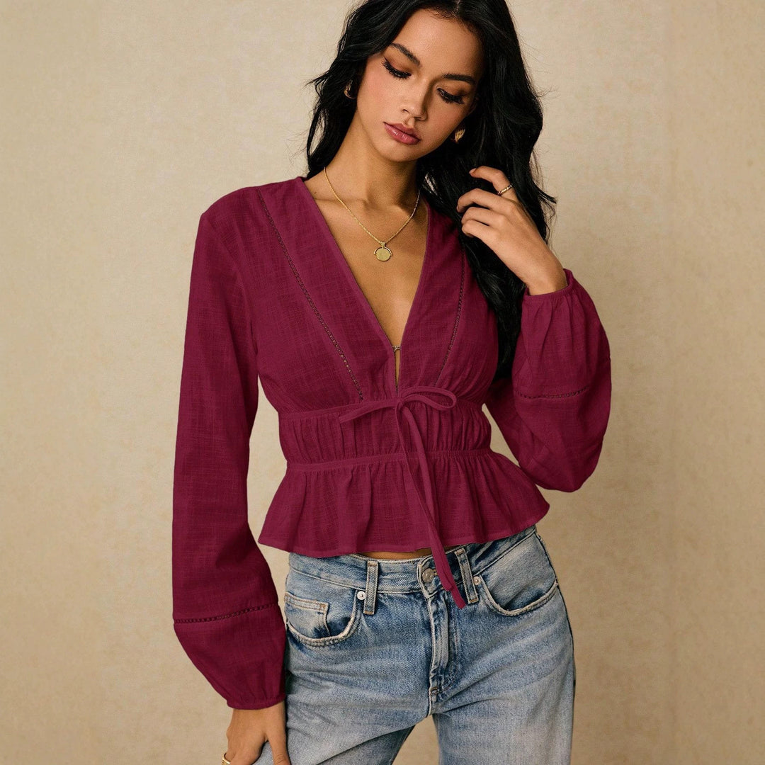 Women Deep Cut Blouse with Drawstring Waist, Ruffled Hem and Decorative Hole Embroidery Mune Fashion