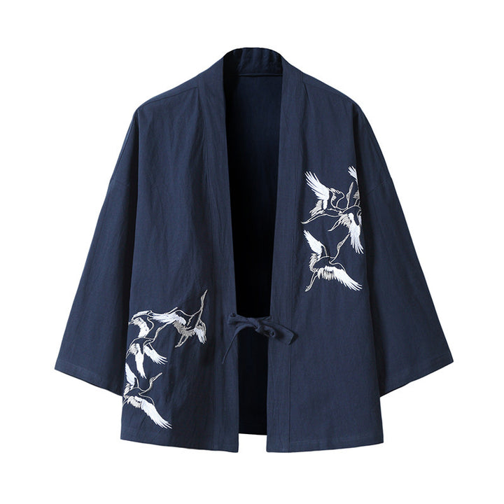 Unisex nan Japanese inspired kimono jacket with crane embroidery and tie closure Mune Fashion
