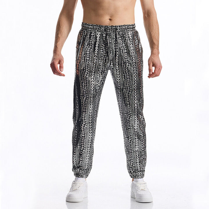 Men's Tapered Jogging Pants with Elastic Waistband, Drawstring and Metallic Circle Print Mune Fashion