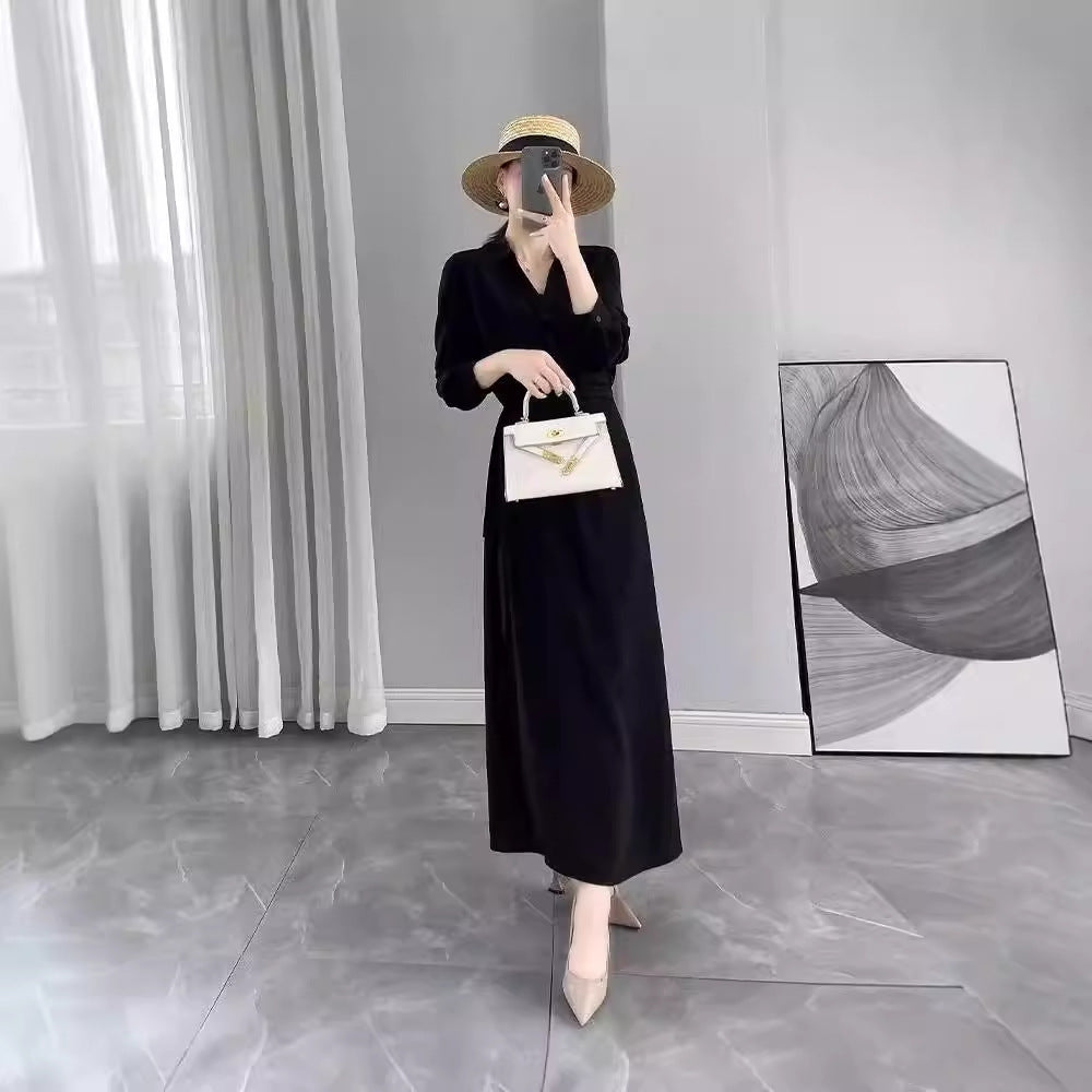 Women's Long Sleeve Wrap Maxi Dress with Waist Belt and V-Neck Mune Fashion