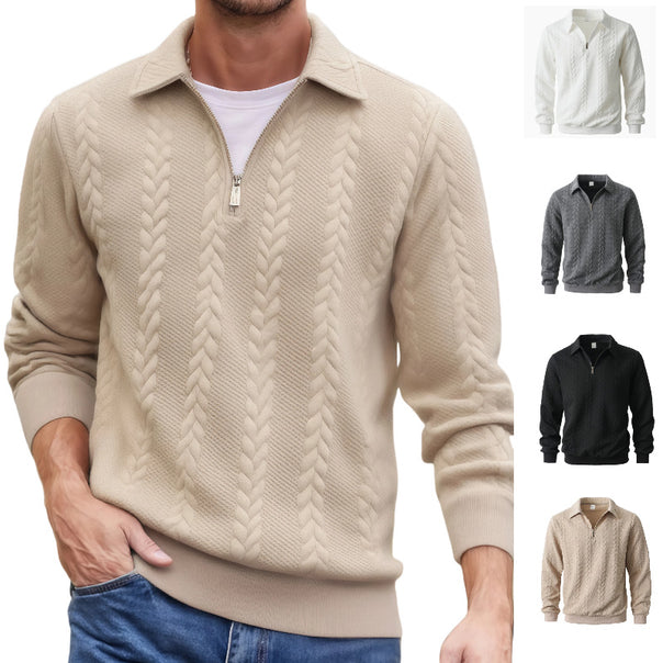 Men's fine structured cable knit sweater with short zipper and Kent collar Mune Fashion