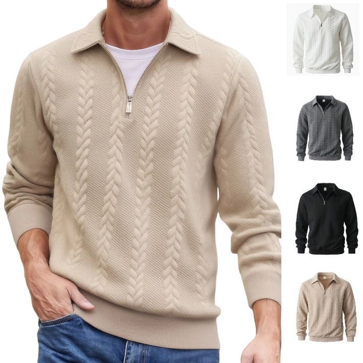 Men's fine structured cable knit sweater with short zipper and Kent collar Mune Fashion