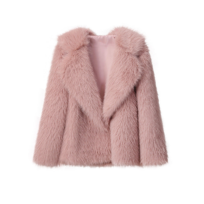 Ladies Luxurious Short Coat made of Long-Pile Faux Fur with Wide Shawl Collar Mune Fashion