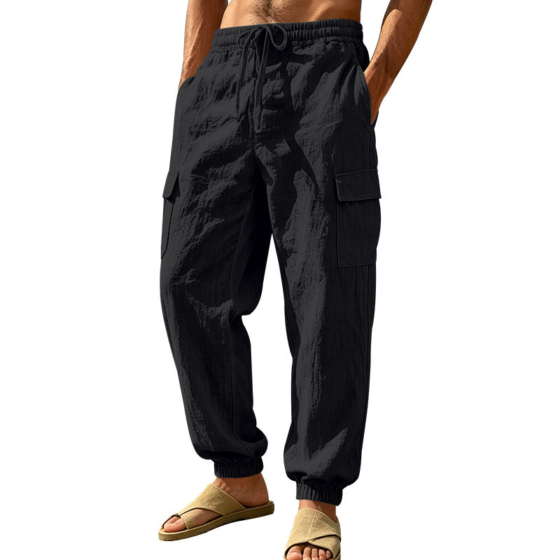Men's lightweight cargo jogger pants made of linen blend with elastic drawstring waistband, patch flap pockets, and ribbed leg cuffs Mune Fashion