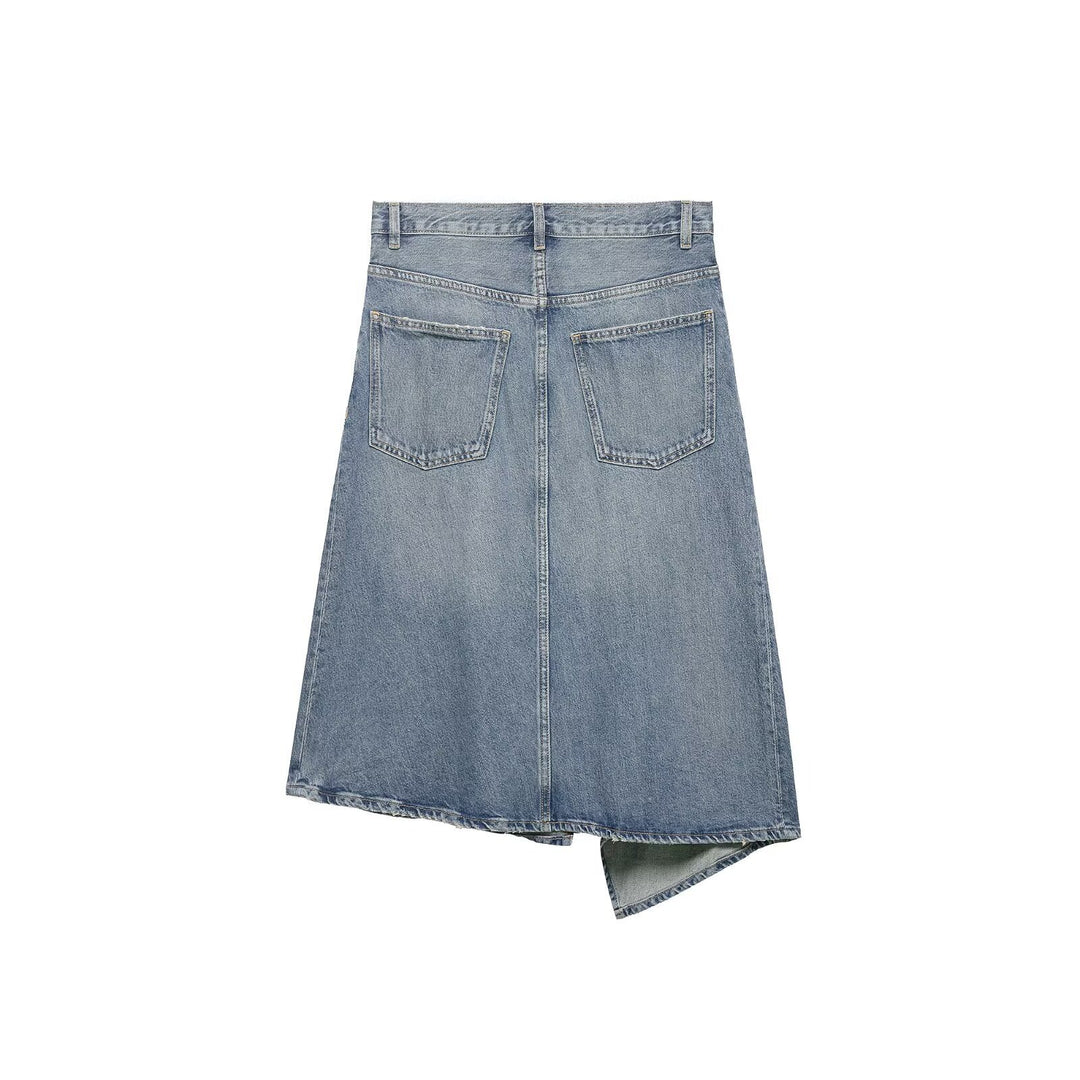 Women's Asymmetrical Denim Wrap Skirt with Inserts and Pockets Mune Fashion