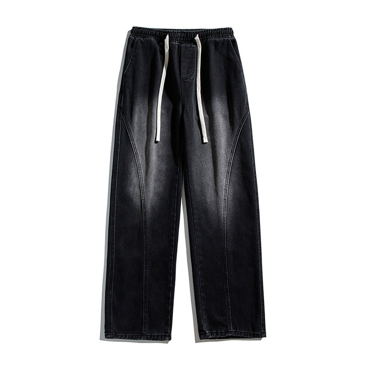 Men's Wide Denim Baggy Jeans with Drawstring Waist, Deep Crotch and Prominent Decorative Stitching Mune Fashion