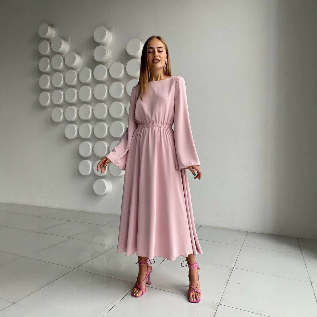 Women Flowing Midi Dress with Boat Neck Elastic Waist yoke and Flared Cuff Sleeves Mune Fashion