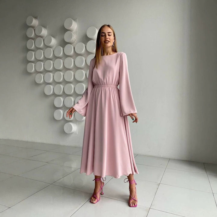Women Flowing Midi Dress with Boat Neck Elastic Waist yoke and Flared Cuff Sleeves Mune Fashion
