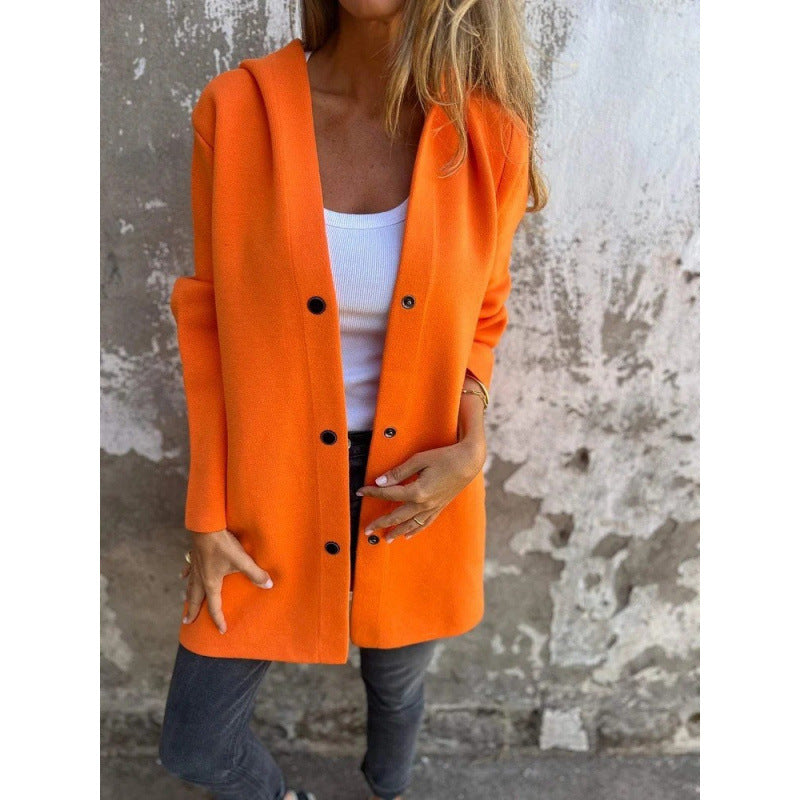 Women's Midi Length Oversized Coat made of Wool Blend with Clear Button Placket and Minimalist Lapels Mune Fashion