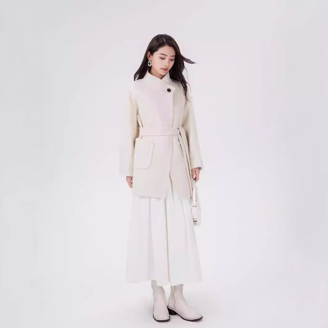 Women's Short Wrap Wool Coat with High Button Placket and Patch Pockets Mune Fashion