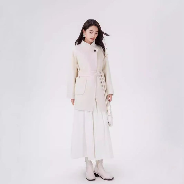 Women's Short Wrap Wool Coat with High Button Placket and Patch Pockets Mune Fashion