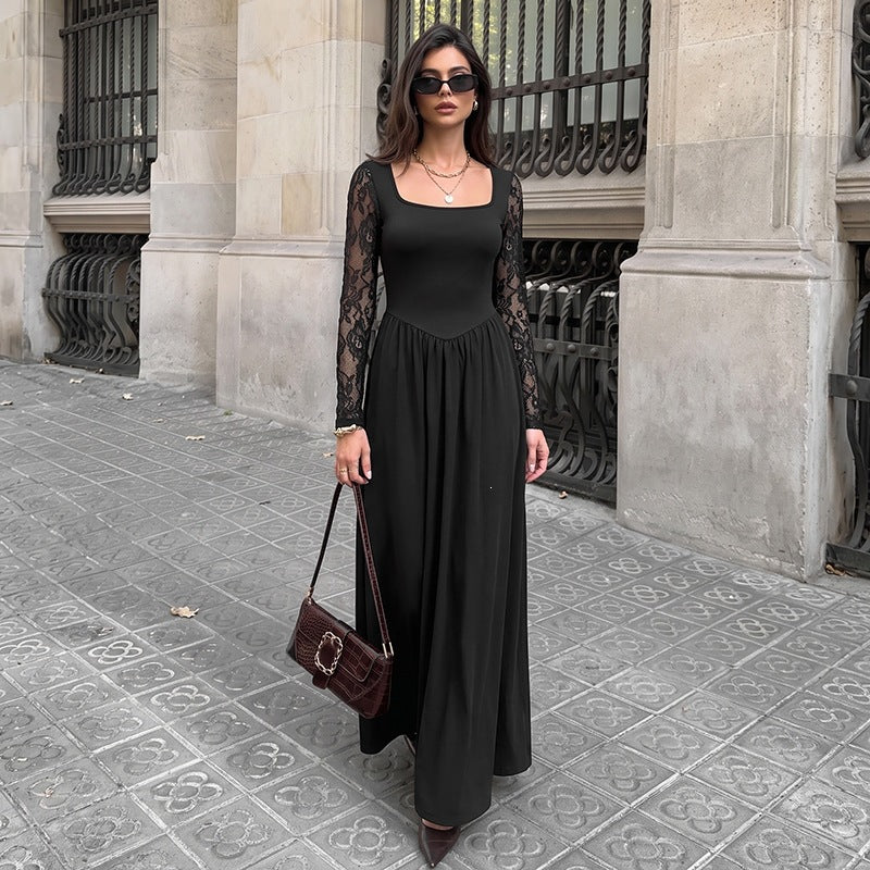 Women Figure-flattering Midi Dress with Lace Sleeves and Square Neckline Mune Fashion