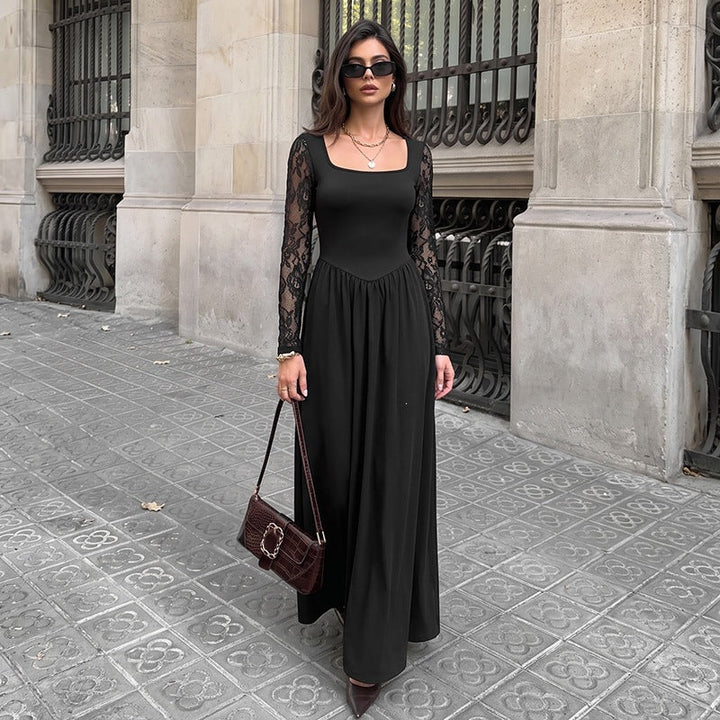 Women Figure-flattering Midi Dress with Lace Sleeves and Square Neckline Mune Fashion