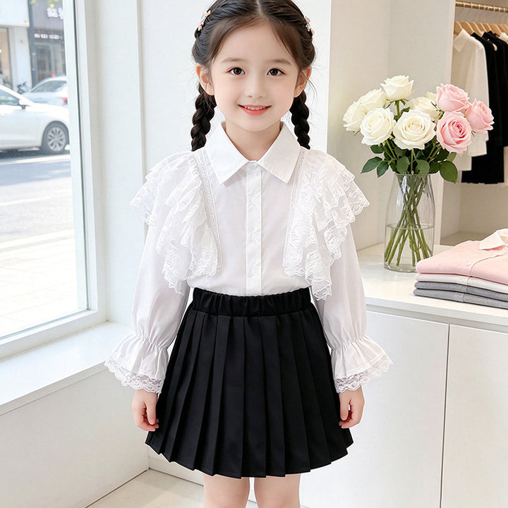 Girls blouse with airy lace trim and ruffle details Mune Fashion