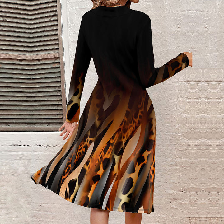 Women A-line midi dress with animal print, asymmetrical V-neck and decorative button placket Mune Fashion