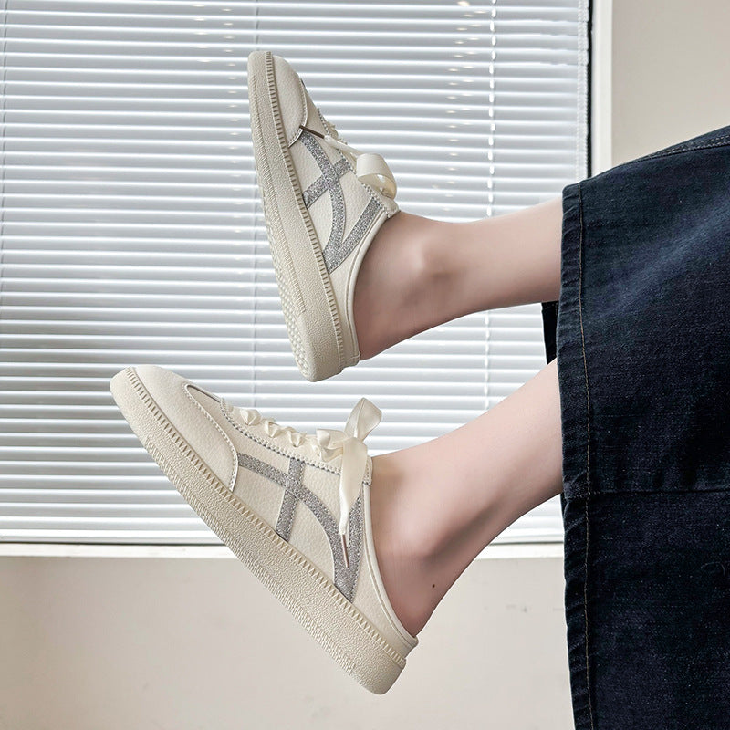 Women's Satin Lace-Up Mule Sneakers with Open Heel and Metallic Look Mune Fashion