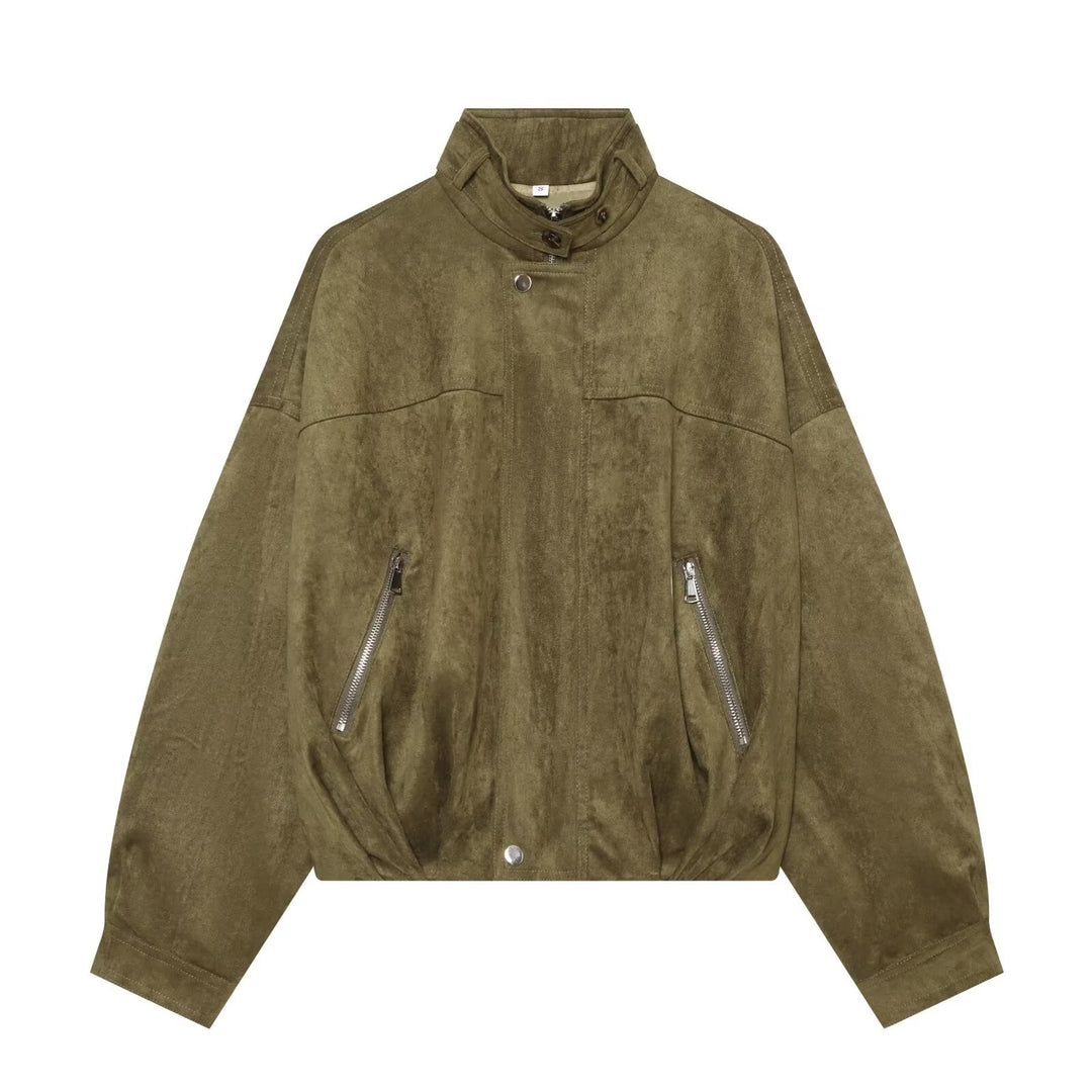 Women's Oversize Suede Bomber Jacket with High Stand Collar and Zipper Pockets Mune Fashion