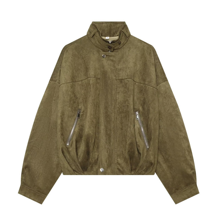 Women's Oversize Suede Bomber Jacket with High Stand Collar and Zipper Pockets Mune Fashion