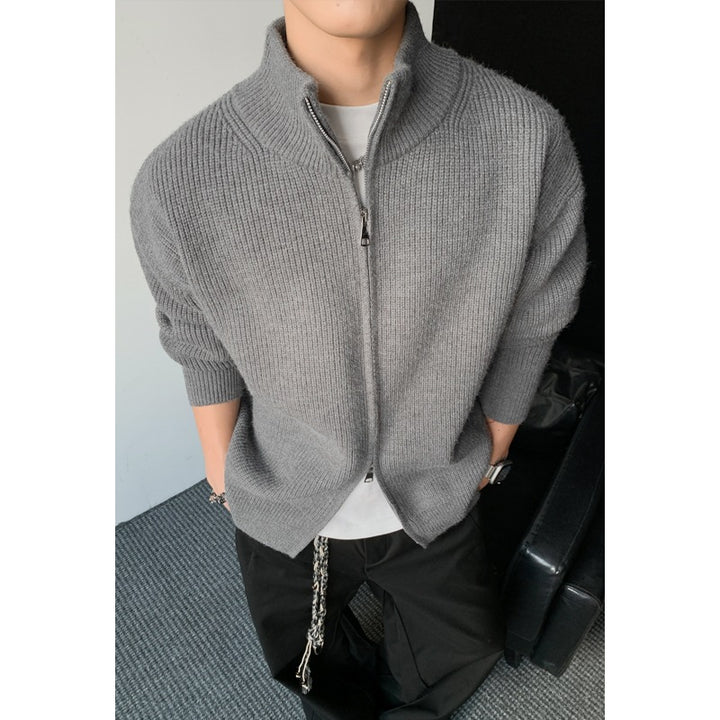Men's chunky knit zip jacket with stand-up collar and straight oversized fit Mune Fashion