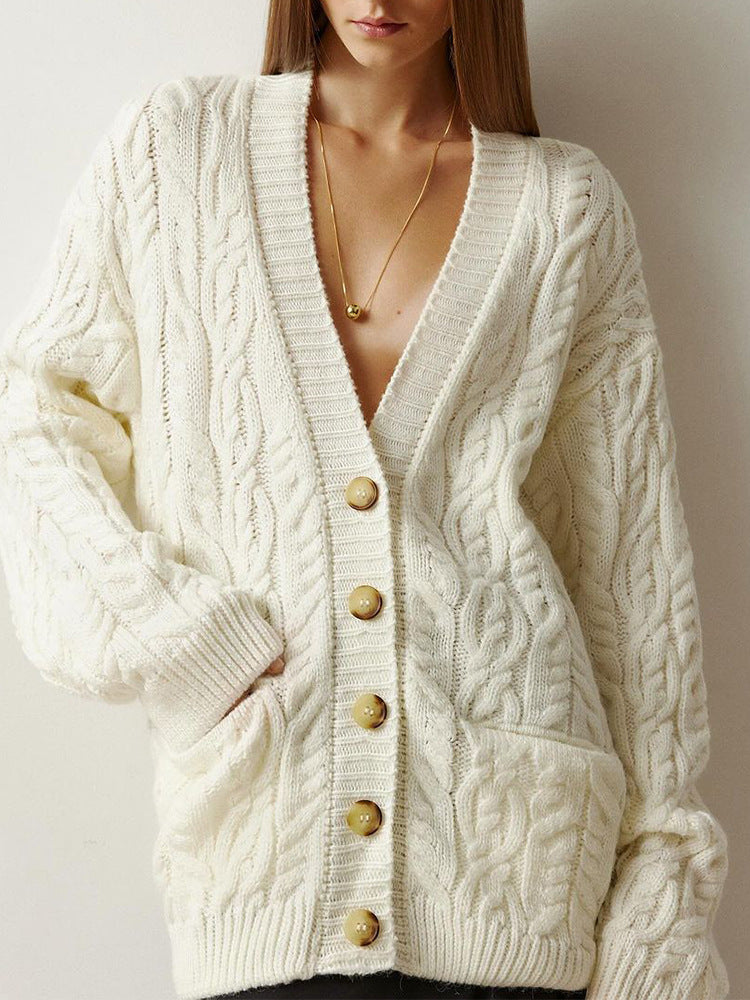 Women Oversize Cable Knit Cardigan with V-Neck and Patch Pockets Mune Fashion
