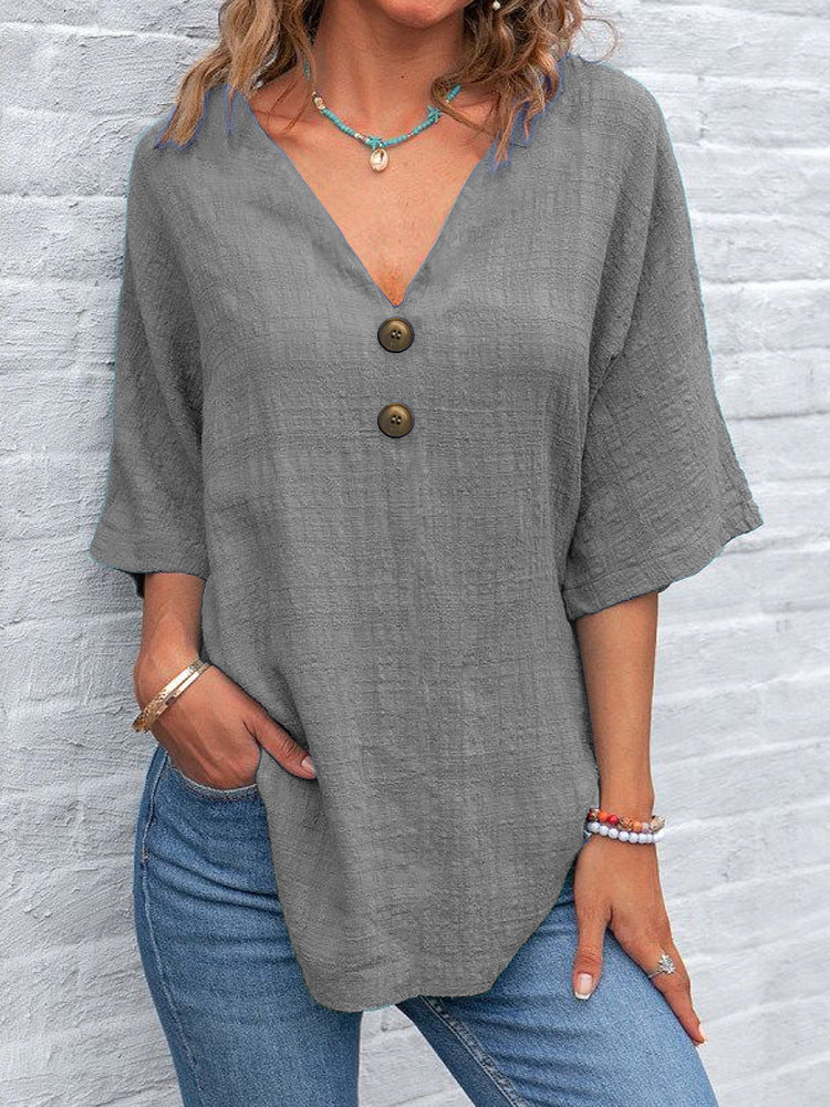 Women V-Neck Blouse with Button Details Mune Fashion