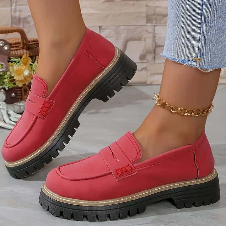 Women's Leather Look Penny Loafers with Distinctive Profile Platform Sole and Contrast Stitch Mune Fashion
