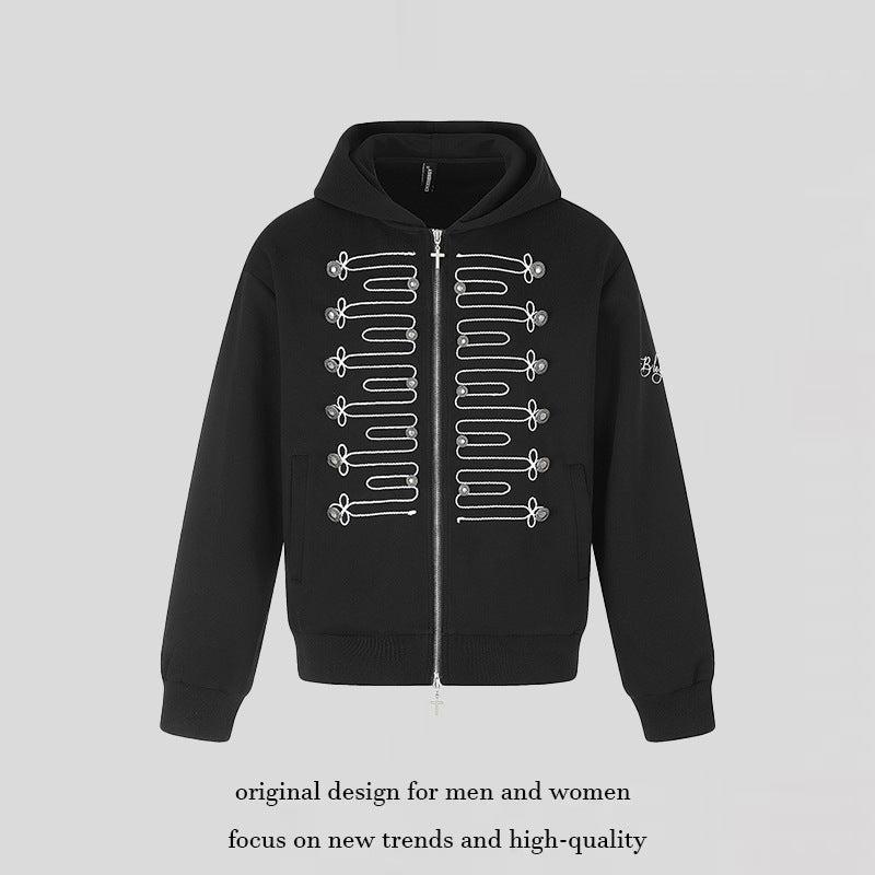 Unisex Zip-Hooded Jacket in Military Style with Decorative Cords and Metal Buttons Mune Fashion